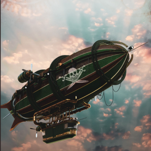 Steampunk pirates airship flying amongst clouds